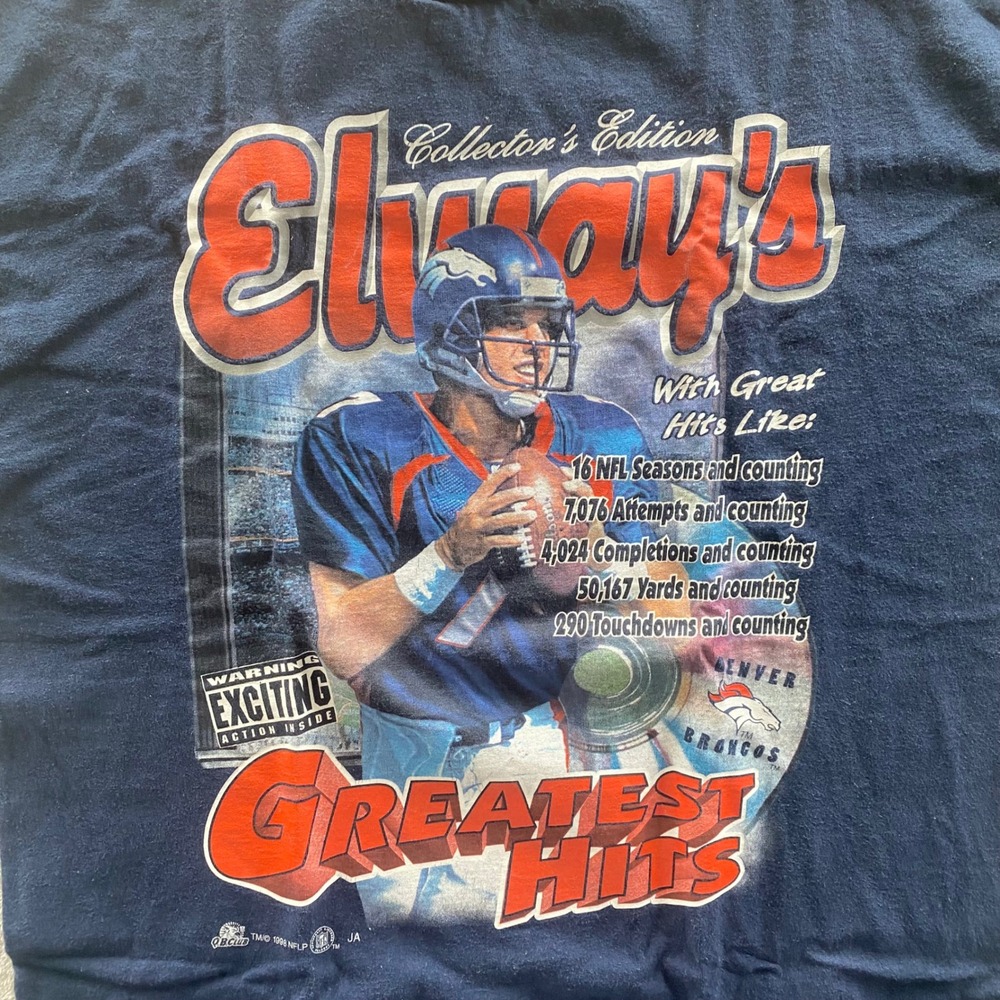 Vintage 1998 John Elway Denver Broncos Greatest Hits Shirt Tultex XL Navy Blue